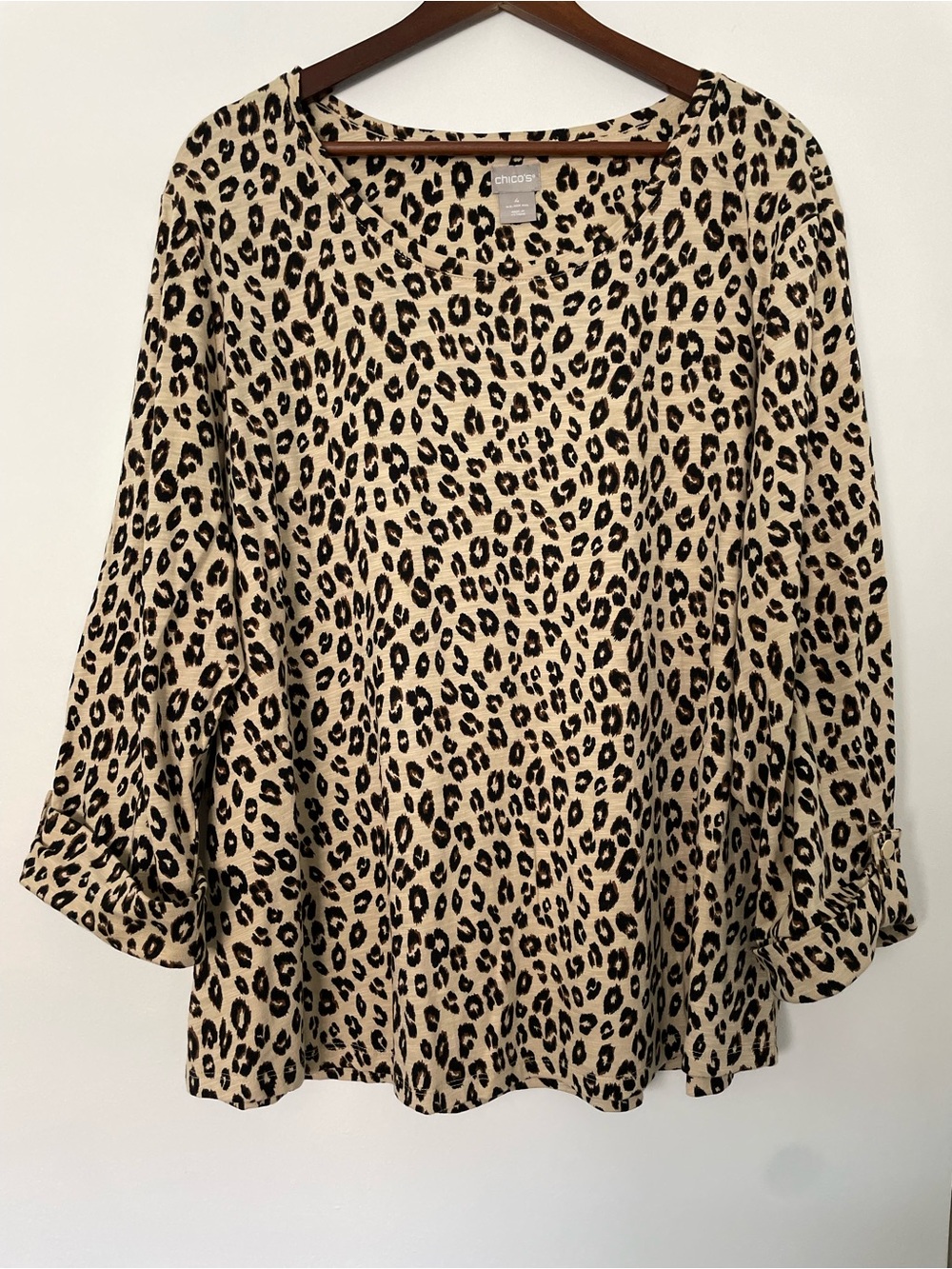 Chico’s 4 XXL Leopard Animal Print Top Cotton Modal Roll Tab 3/4 Sleeve Fall Top